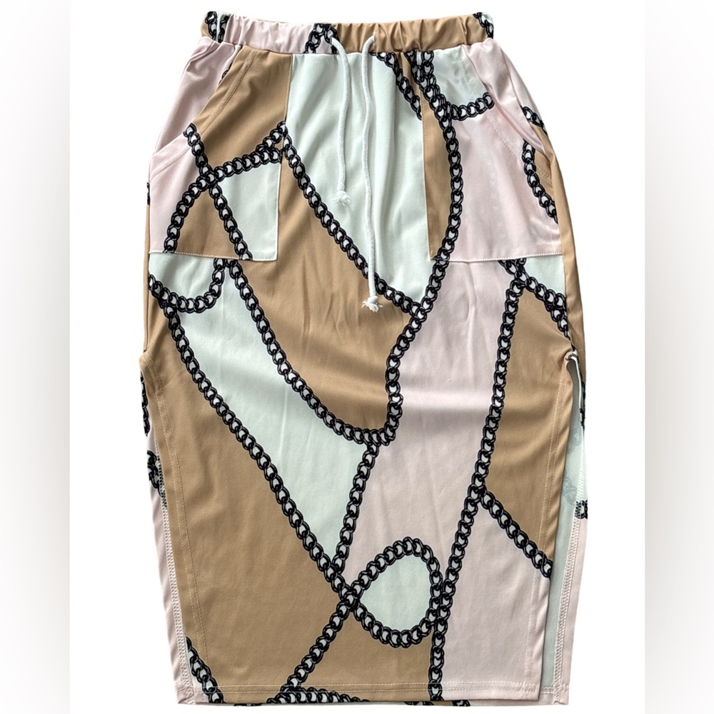 Women’s Chain Print bodycon  Midi Skirt with Drawstring. Medium